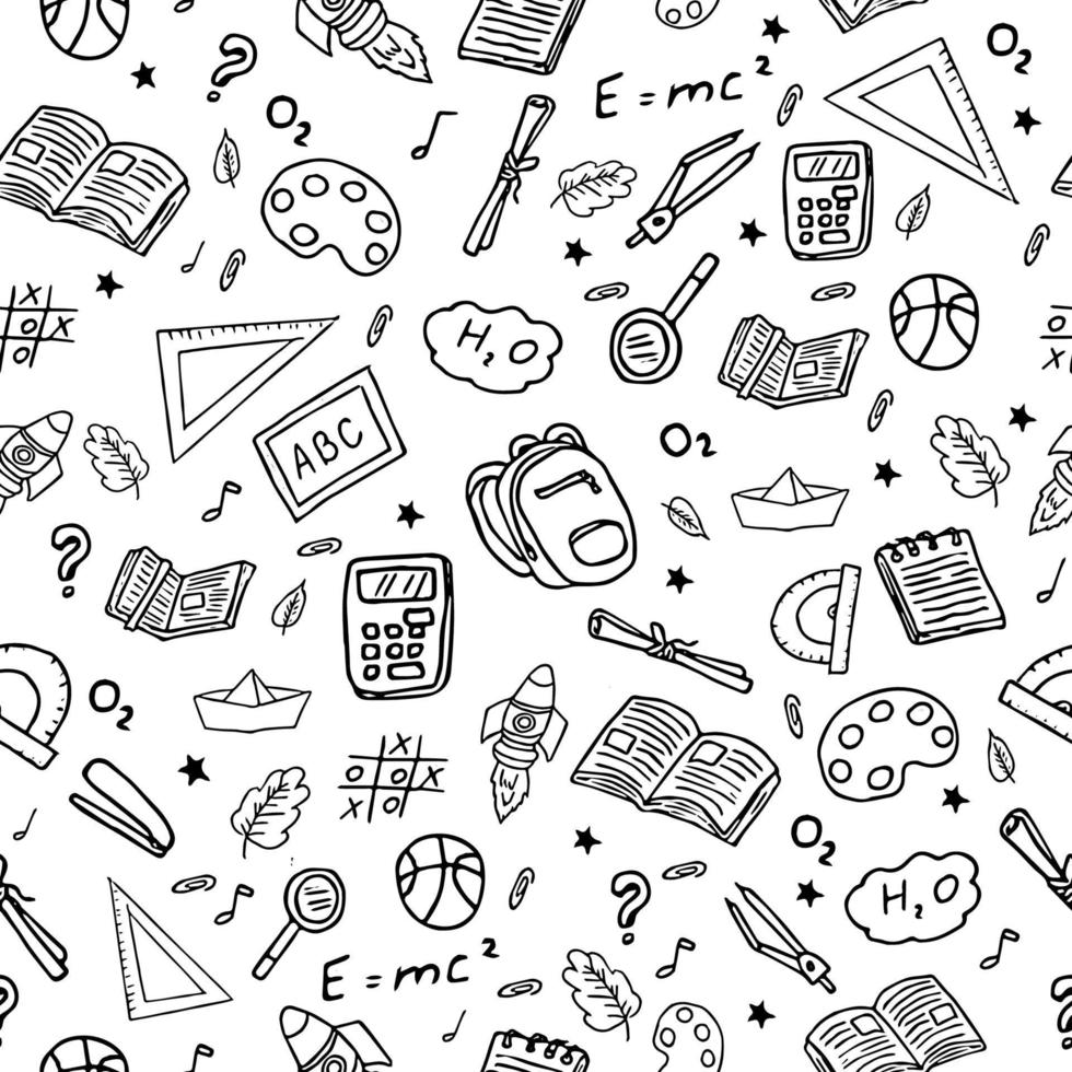 Back to school doodle seamless pattern. Hand drawn background with school supplies and creative elements. Vector illustration. Vector illustration