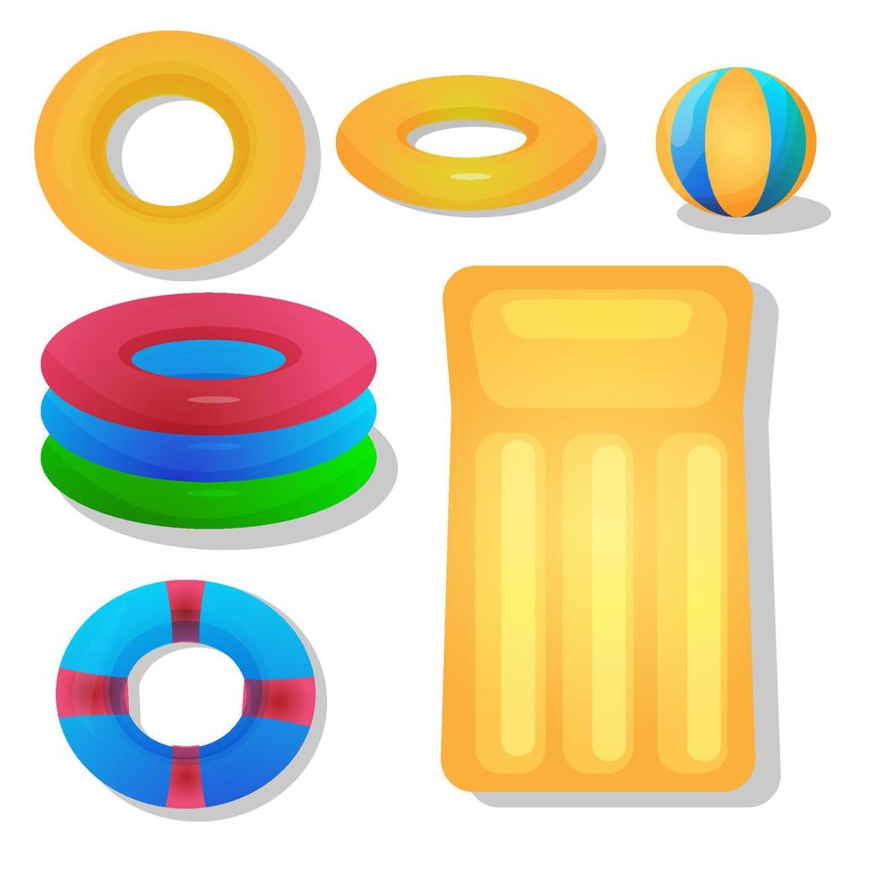 Set of isolated rubber swimming rings. Life saving floating lifebuoy for beach or ship, rescue belt for saving people. Water and beach theme, secure icons. Ball, inflatable mattress, inflatable pool vector