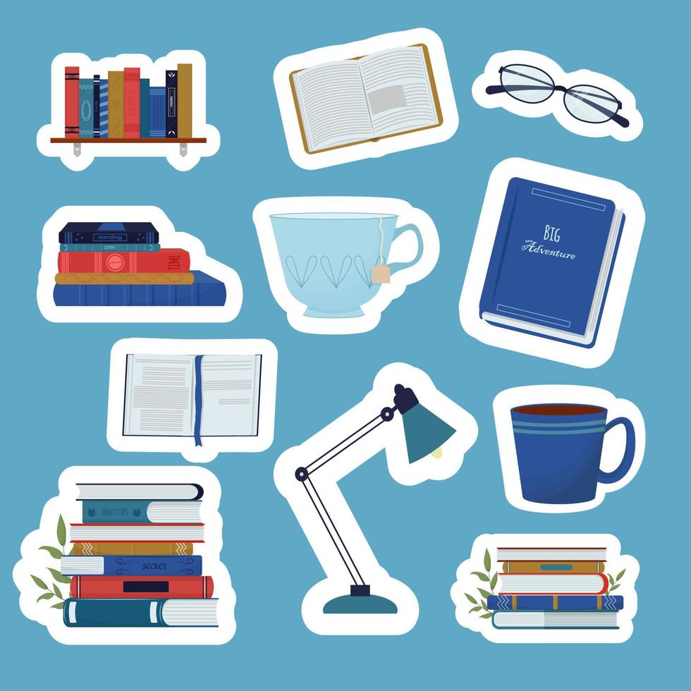 Set of stickers with stack of books, bookshelf, lamp and glasses isolated. Stylish Modern print with books. Vector illustration