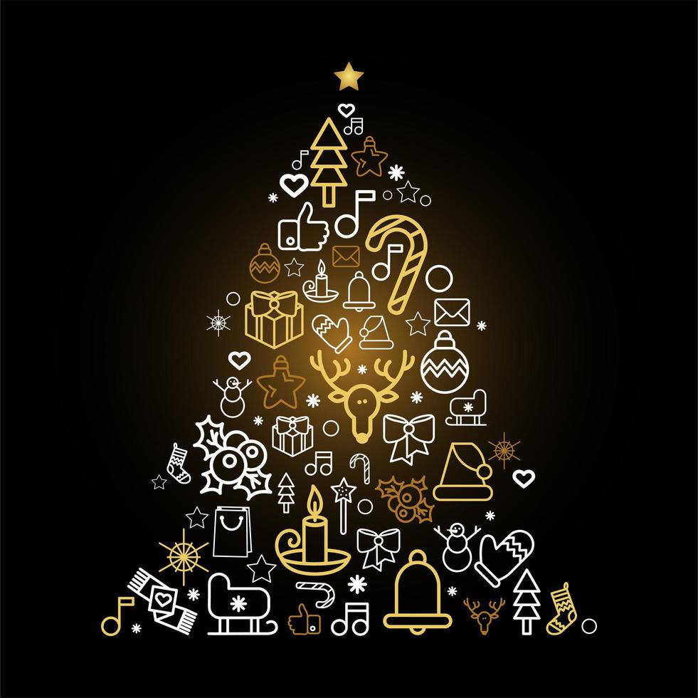 Christmas tree silhouette with holiday linear icons vector