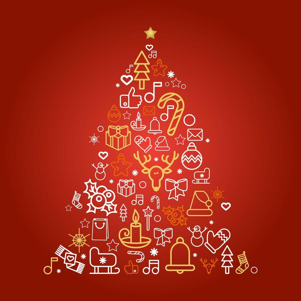 silueta de árbol de navidad con iconos lineales de vacaciones vector