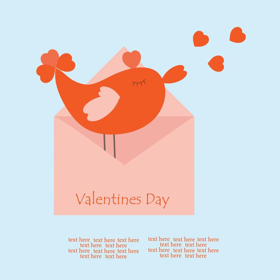 A red bird stands in an envelope and sends out hearts. vector