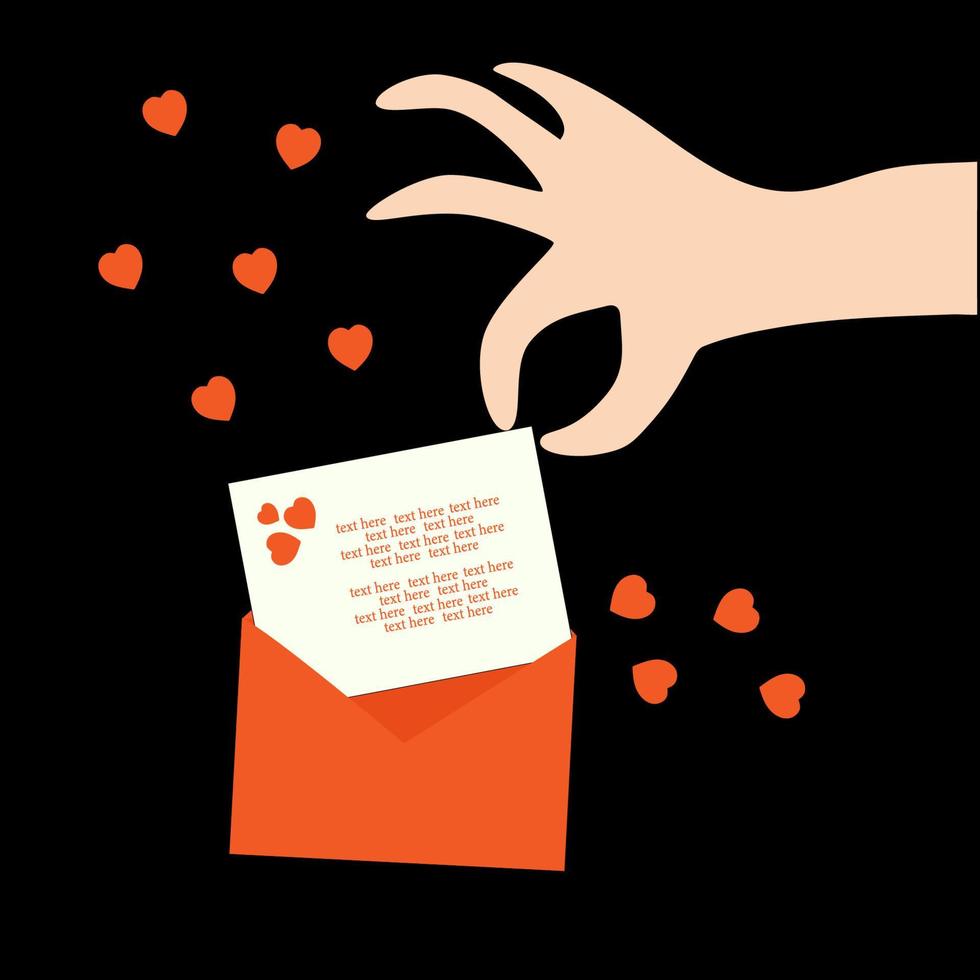 A hand takes out a postcard from an envelope with congratulations on Valentine's Day. vector