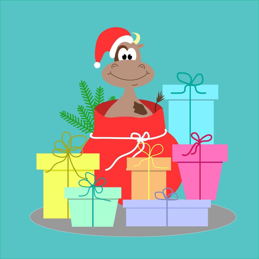 Christmas bull in a bag with gifts. vector