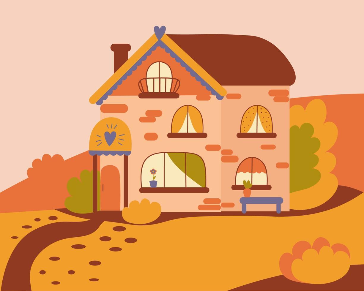 Fabulous two-storey house in an autumn landscape. House of grandparents. Postcard design. Illustration. vector