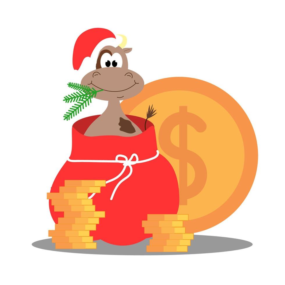 Christmas bull in a bag of money. vector