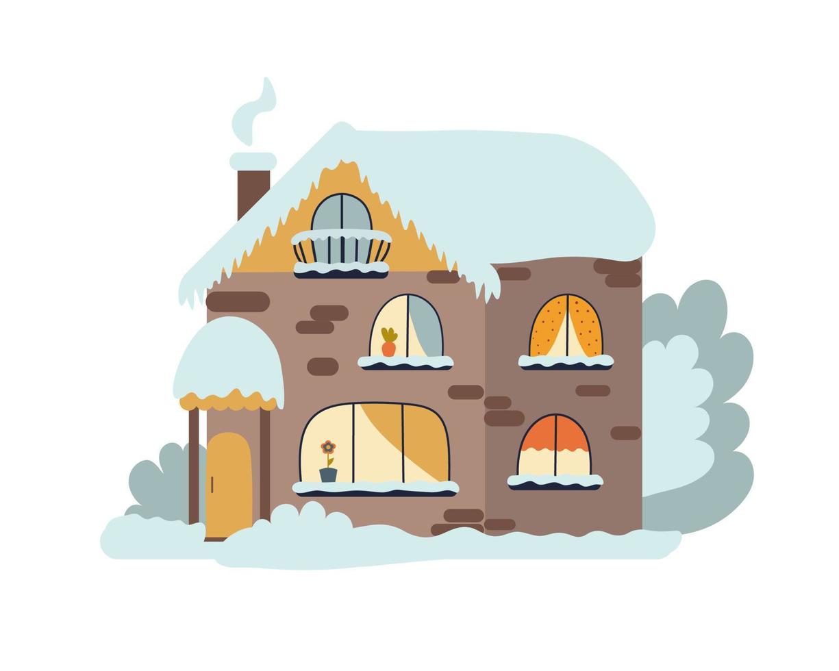 hFairytale two-storey house in a winter landscape on an isolated background. Feast of the Nativity of Christ. Design for a postcard or banner. Flat illustration. vector