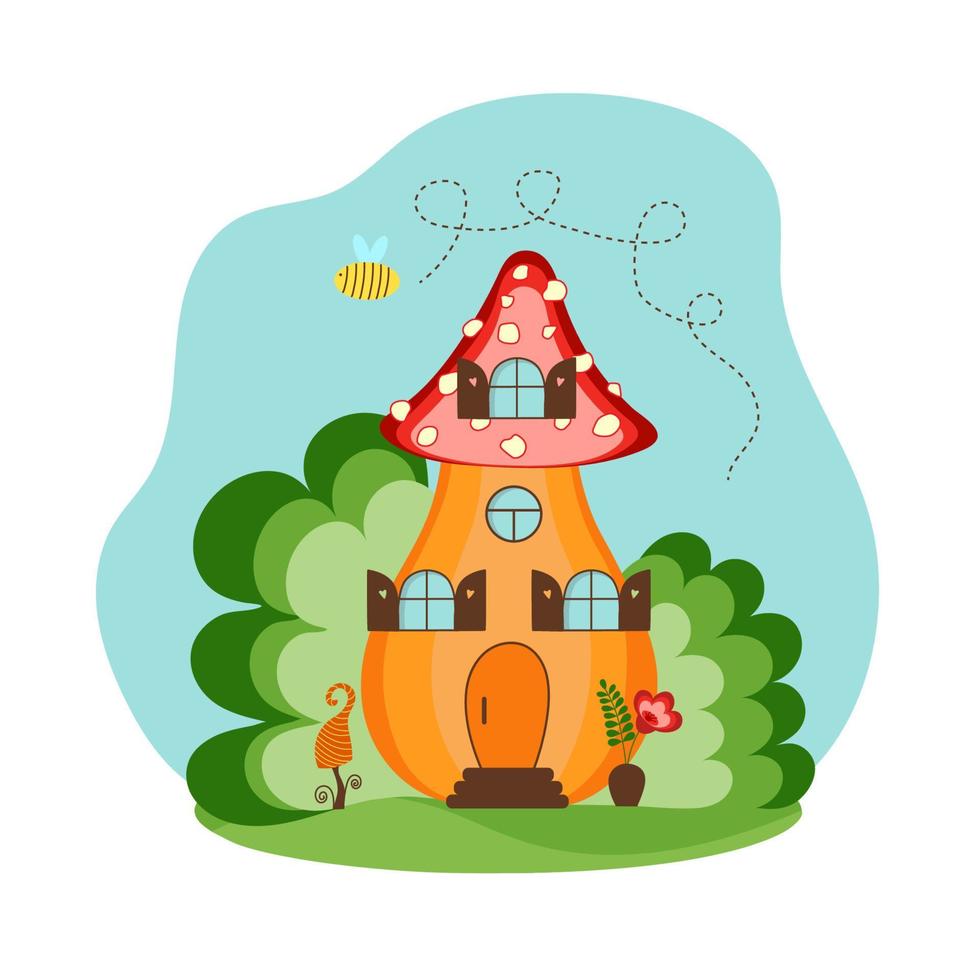 A pumpkin house with a roof from a mushroom cap. House of the gnomes. Nice fabulous flat illustration. vector