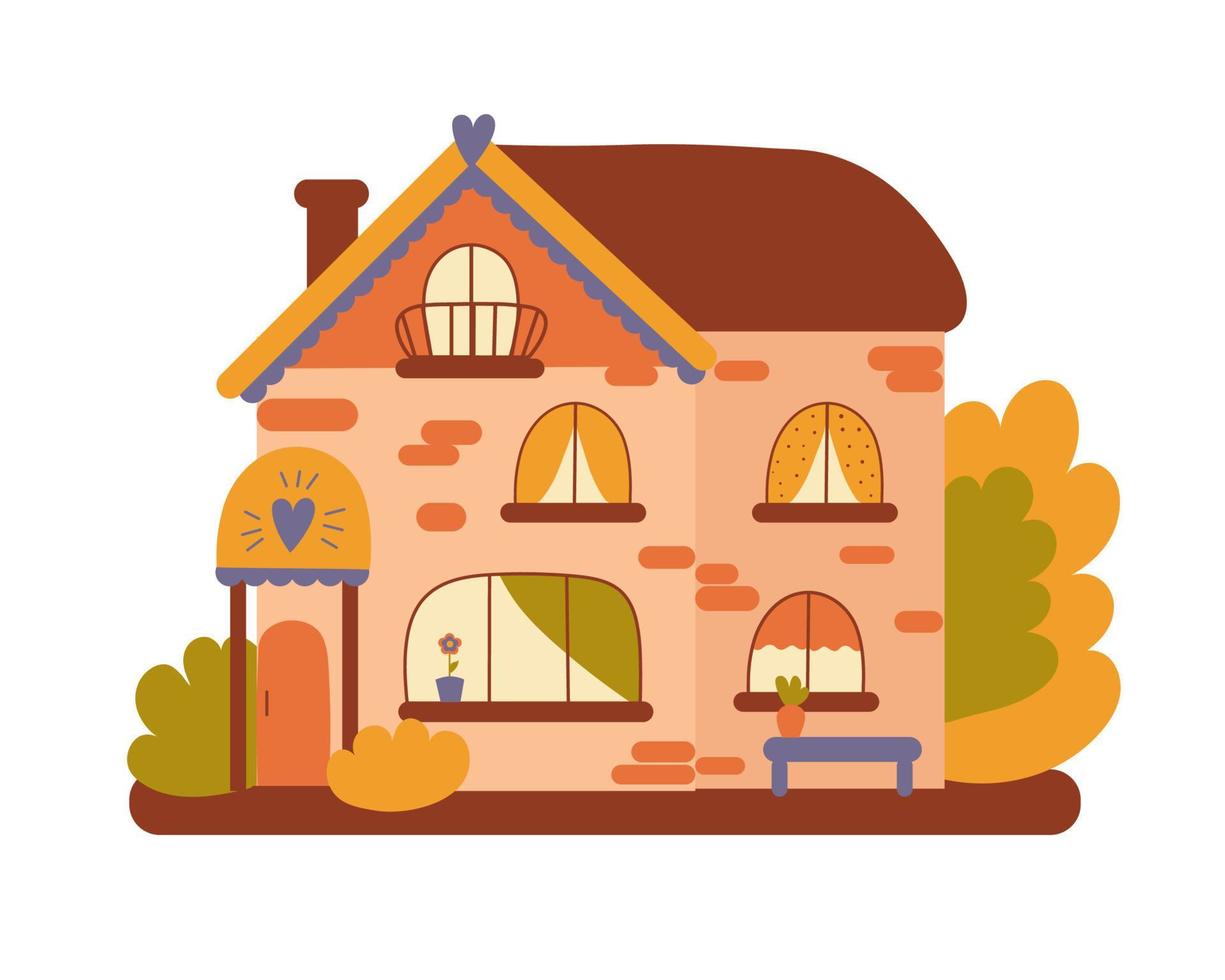 Fabulous two-storey house in an autumn landscape. House of grandparents. Postcard design. Illustration. vector