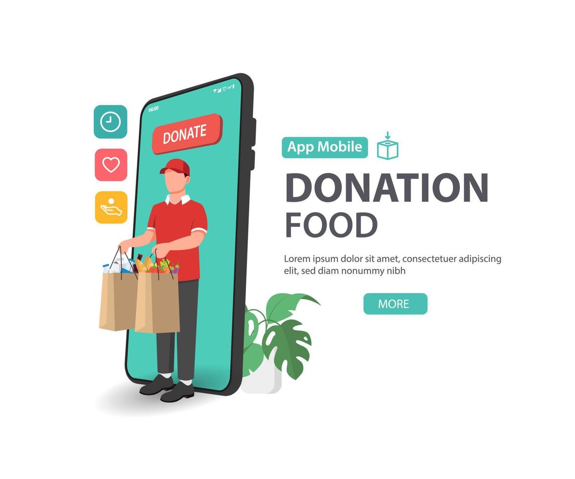 Food and meal donation to people with app on a smartphone, volunteering and charity vector