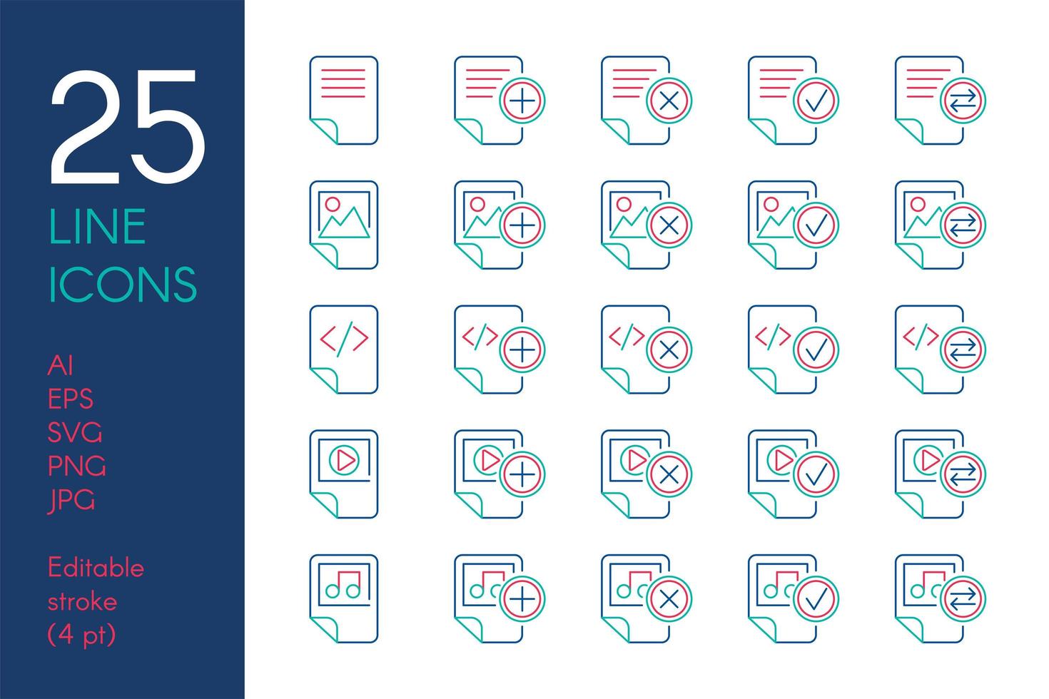 Documents and files color linear icons set vector