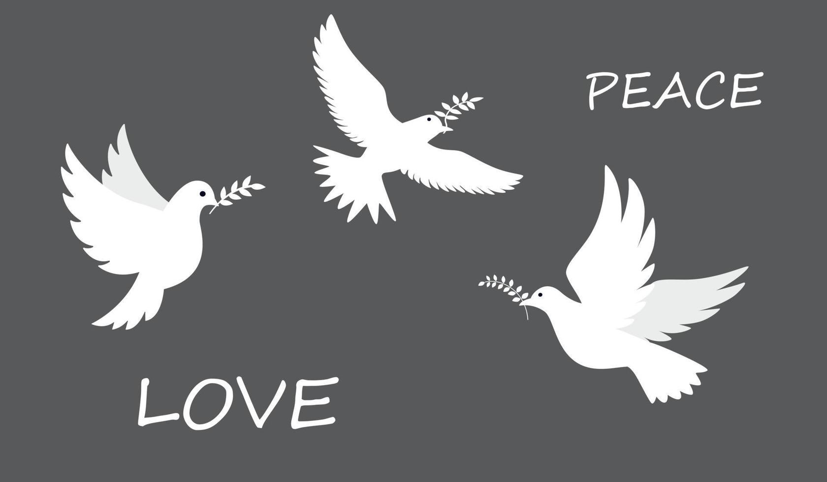 Dove of peace. Flying and standing Birds with an olive branches. Peace and love, freedom, no war concept. Hand drawn modern Vector illustration. All elements are isolated