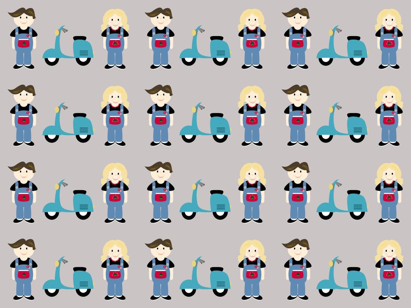 boy and girl cartoon characters standing with motorcycles seamless pattern on gray background vector