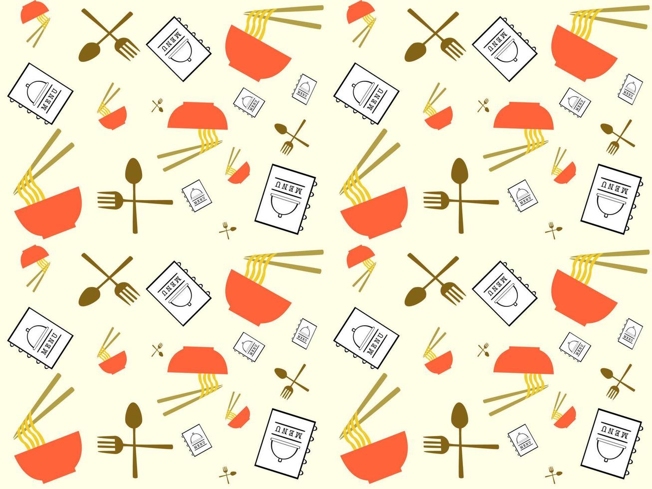 Seamless pattern, menu book, noodle bowl and cutlery on a cream background vector