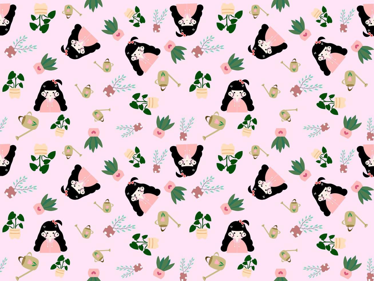 girl and flower cartoon character seamless pattern on pink background vector