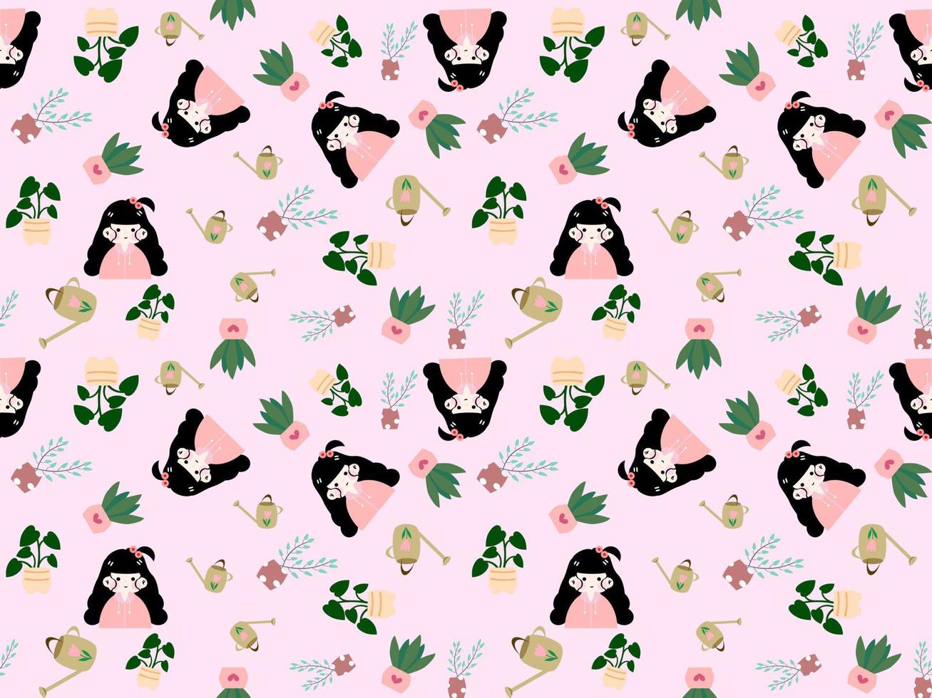 girl and flower cartoon character seamless pattern on pink background vector