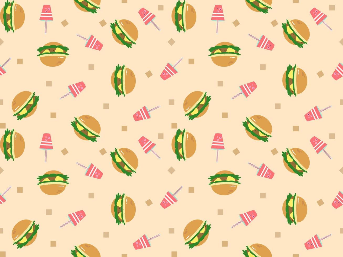 hamburger cartoon character seamless pattern on orange background vector
