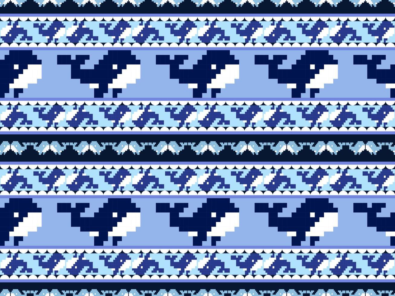 Whale cartoon character seamless pattern on blue background.Pixel style vector