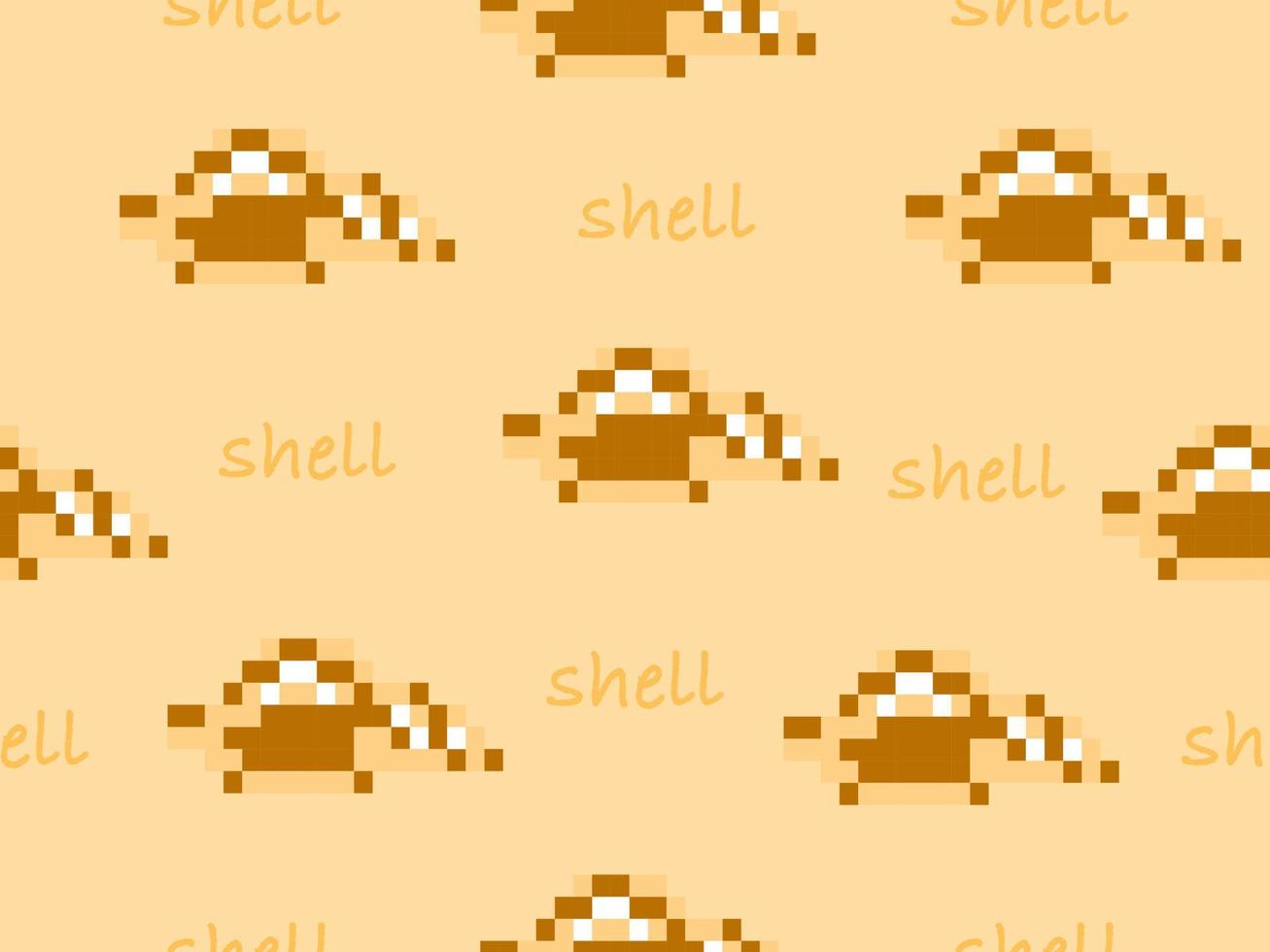 Shell cartoon character seamless pattern on yellow background.Pixel style vector