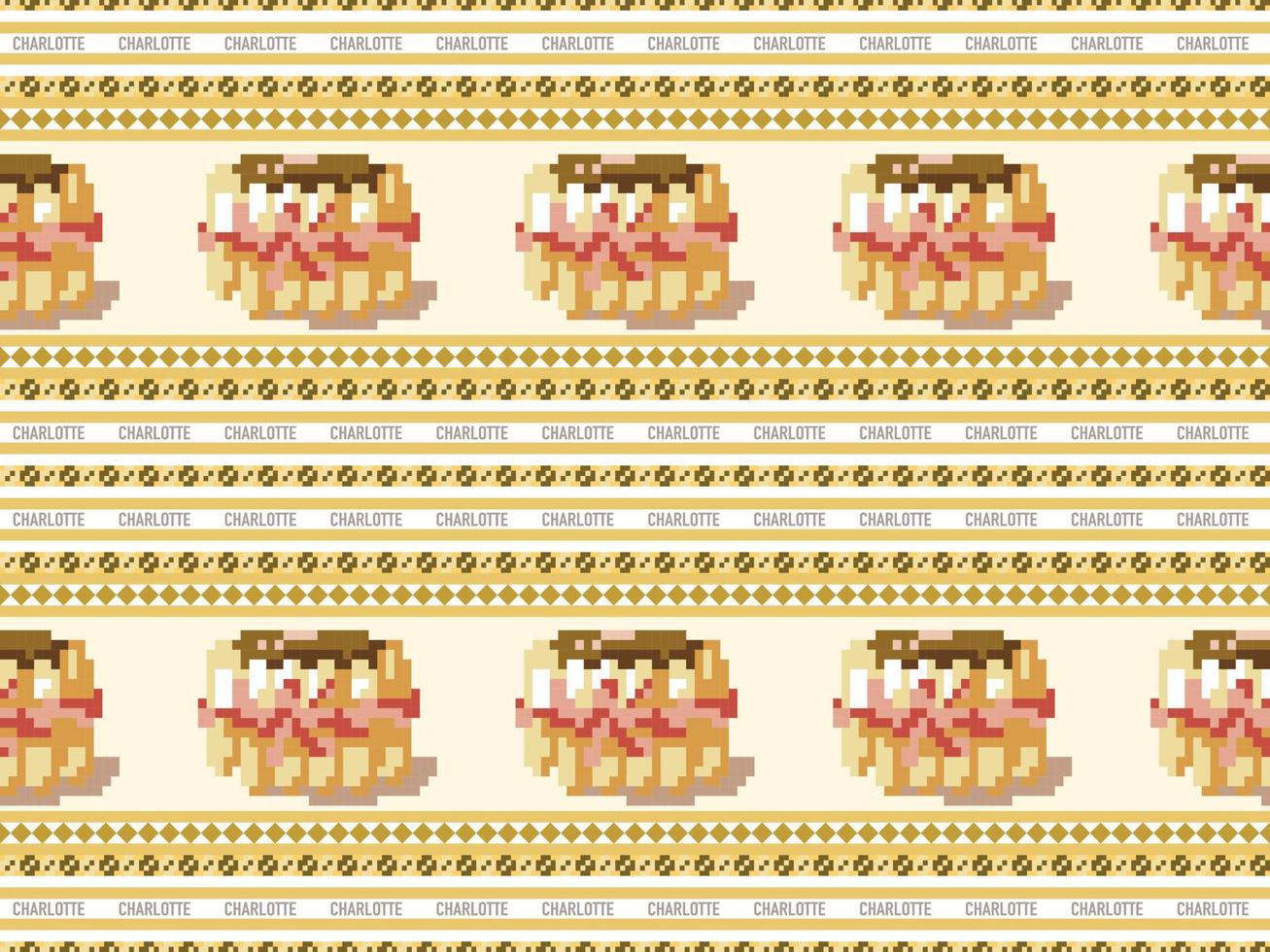 Charlotte cake cartoon character seamless pattern on brown background.Pixel style vector