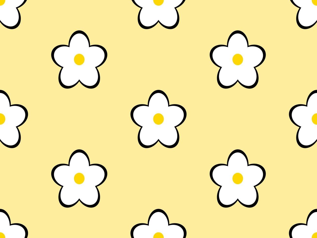 personaje de dibujos animados de flores de patrones sin fisuras sobre fondo amarillo. vector