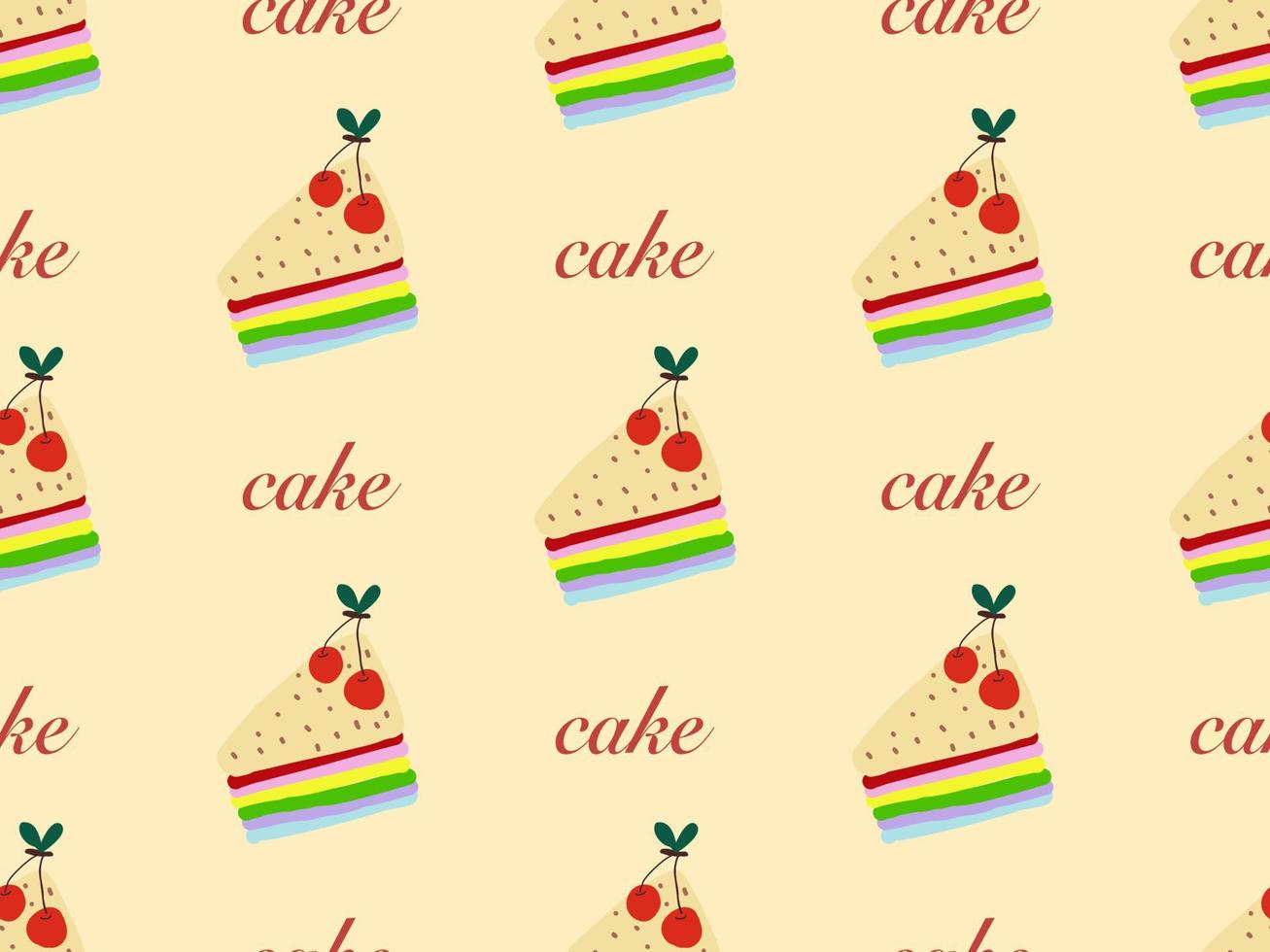 Cake cartoon character seamless pattern on yellow background. vector