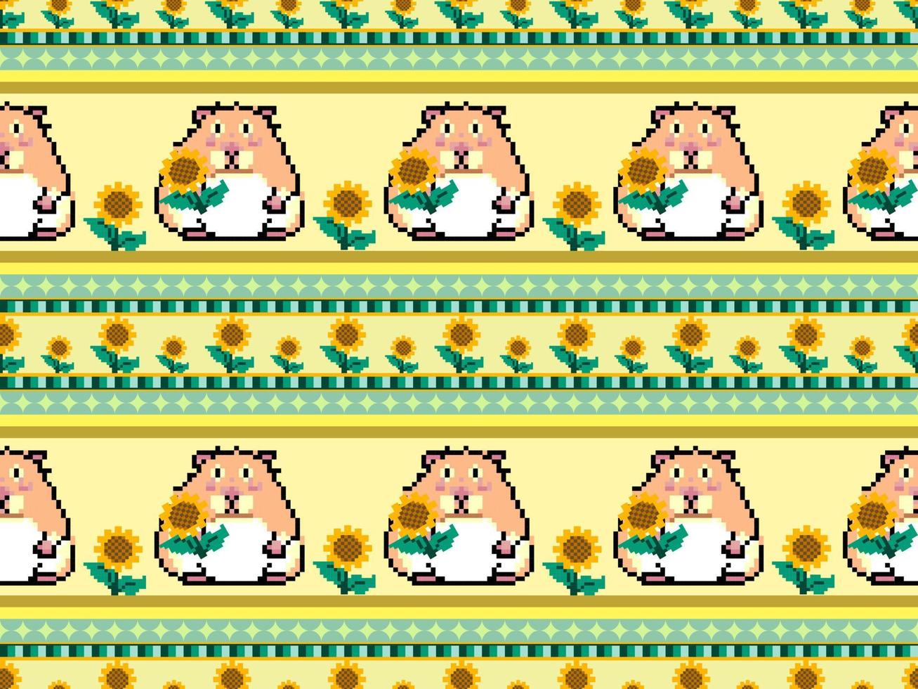 Sunflower and hamster cartoon character seamless pattern on yellow background.Pixel style vector