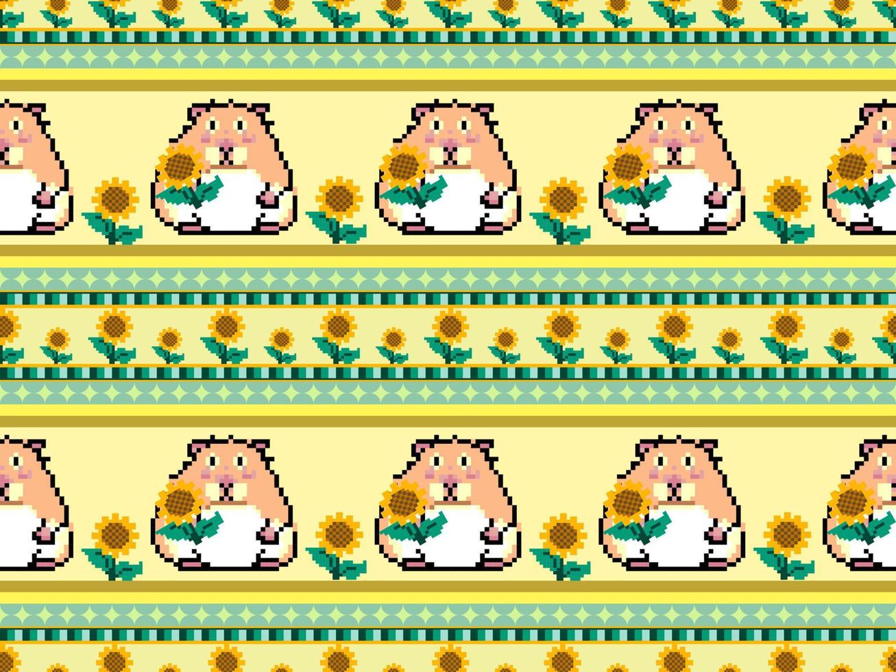 Sunflower and hamster cartoon character seamless pattern on yellow background.Pixel style vector