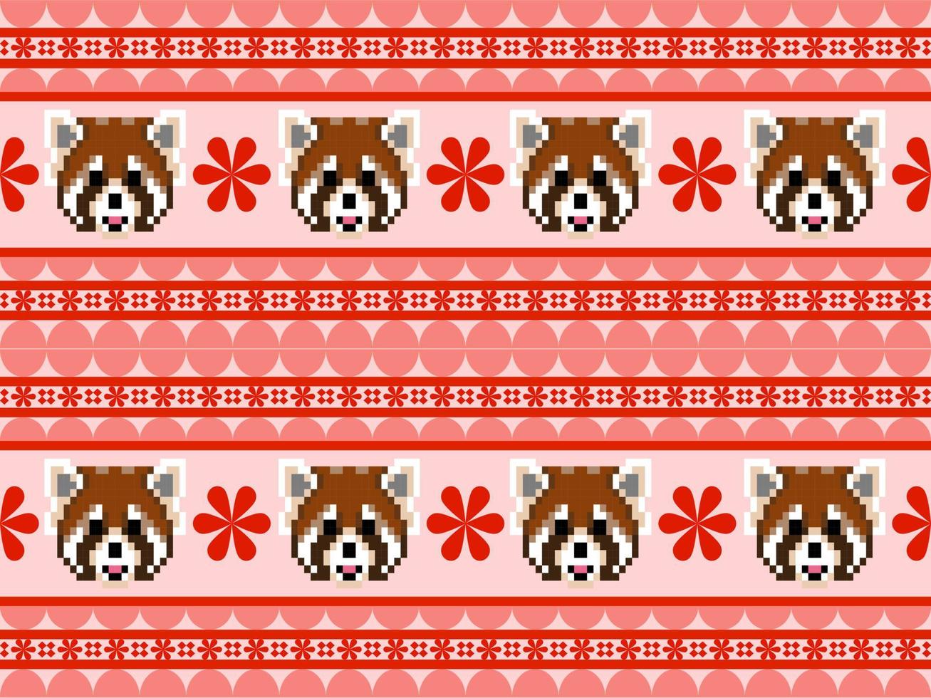 red panda cartoon character seamless pattern on red background. Pixel style vector