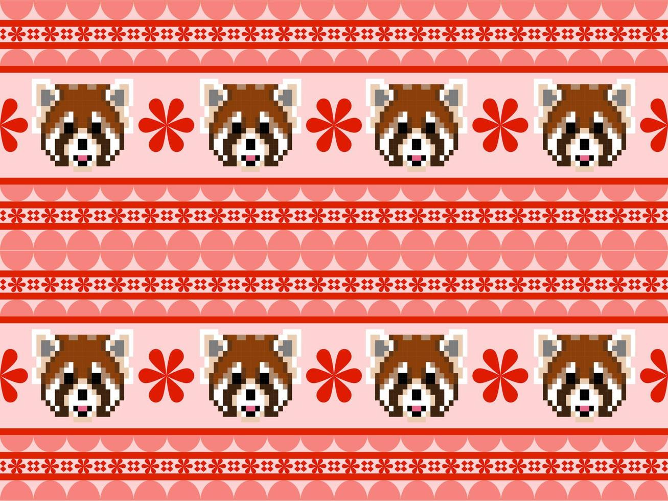 red panda cartoon character seamless pattern on red background. Pixel style vector