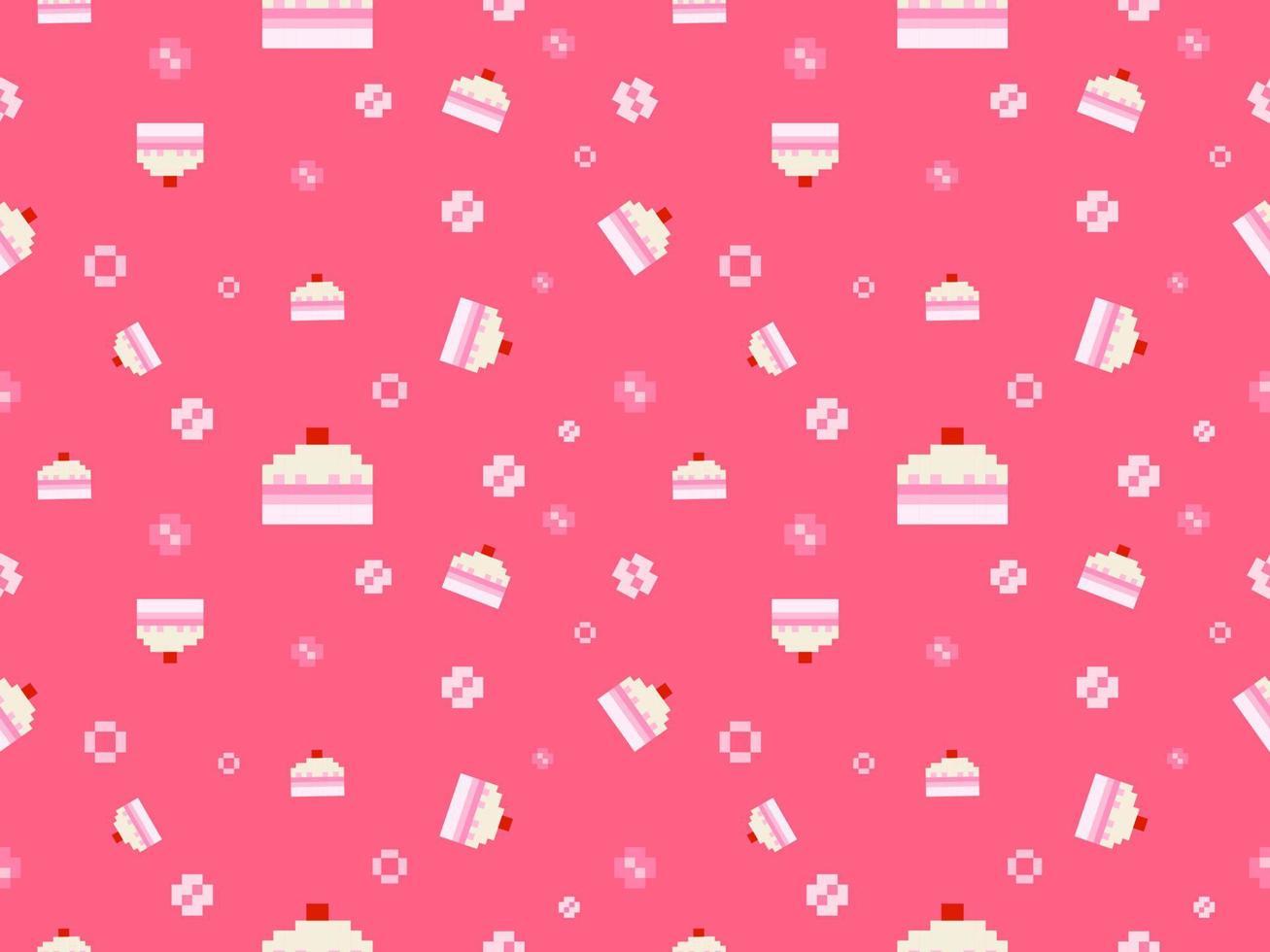 Cake cartoon character seamless pattern on pink background.Pixel style vector