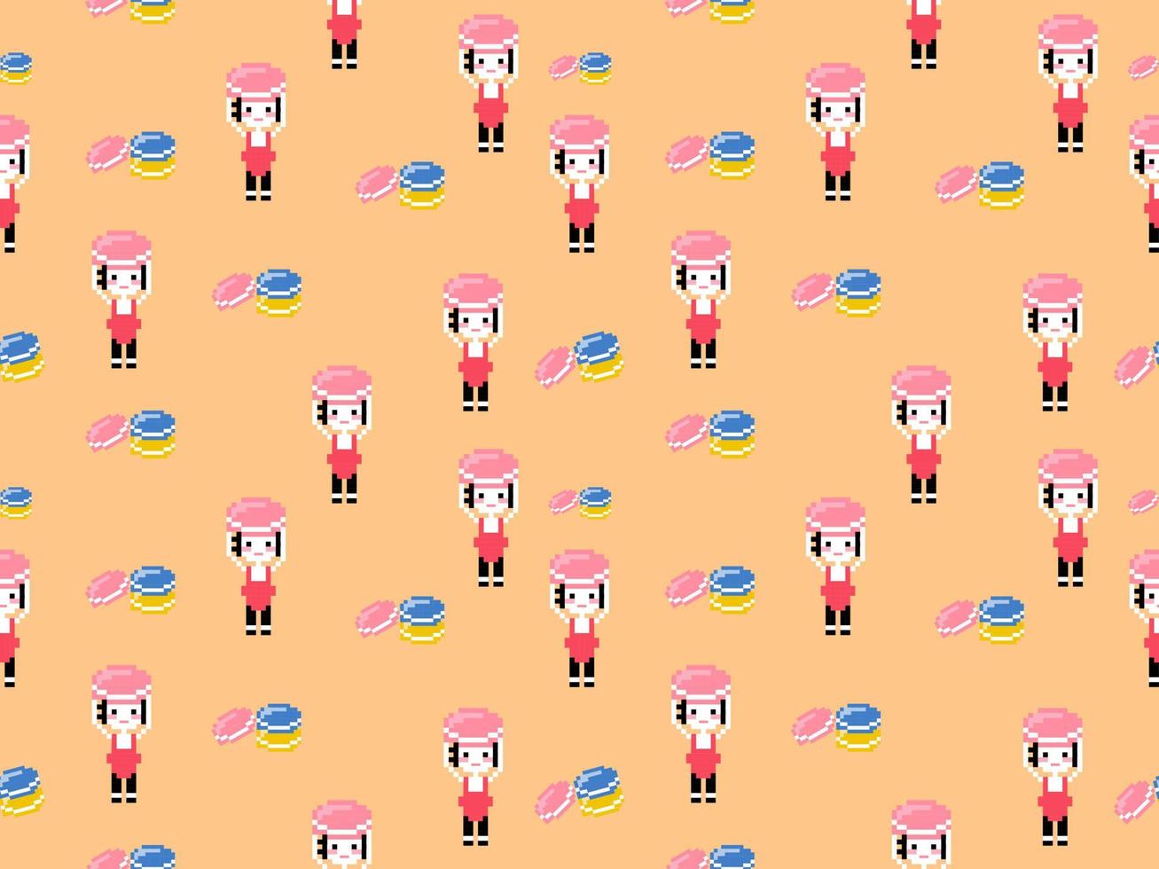 Girl with macaron cartoon character seamless pattern on orange background.Pixel style vector