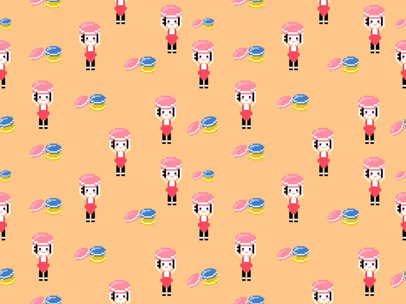 Girl with macaron cartoon character seamless pattern on orange background.Pixel style vector