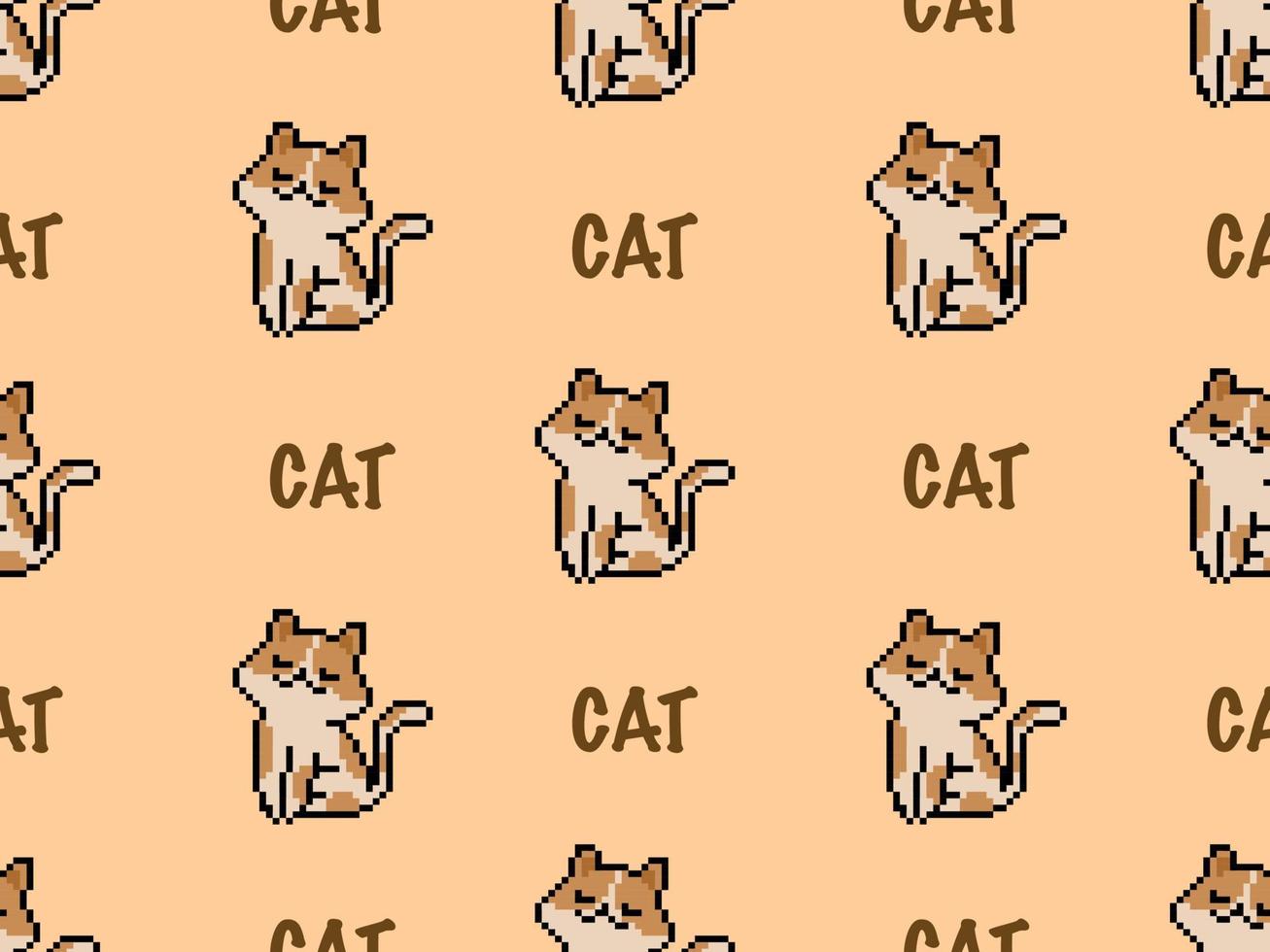 Cat cartoon character seamless pattern on brown background.Pixel style vector