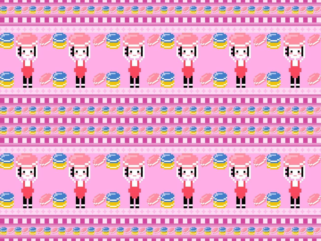 Girl with macaron cartoon character seamless pattern on pink background.Pixel style vector