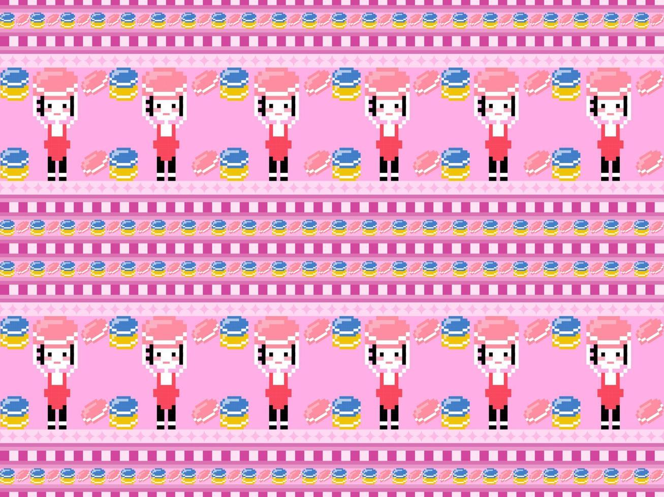 Girl with macaron cartoon character seamless pattern on pink background.Pixel style vector