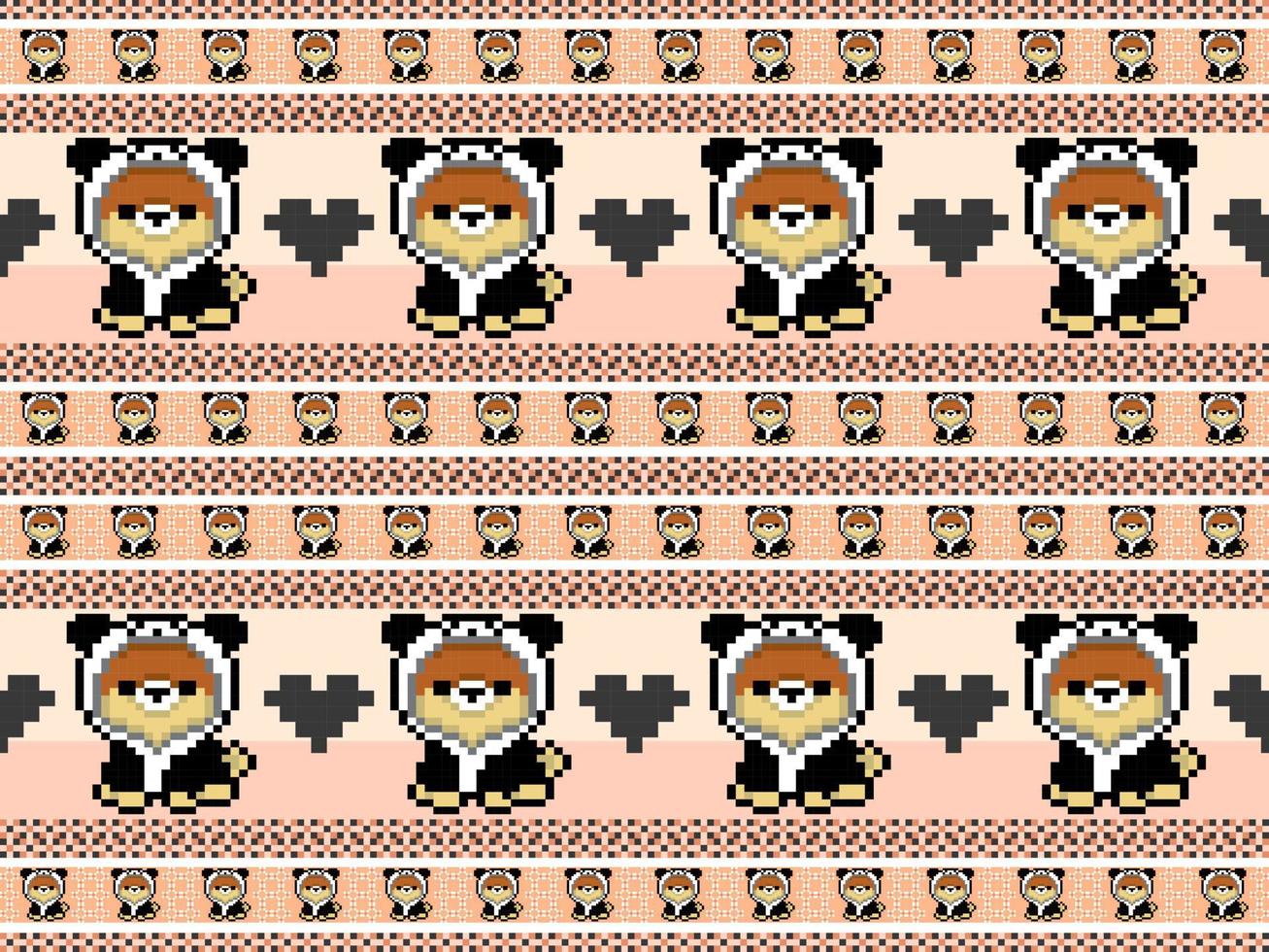 Dog cartoon character seamless pattern on orange background.Pixel style vector