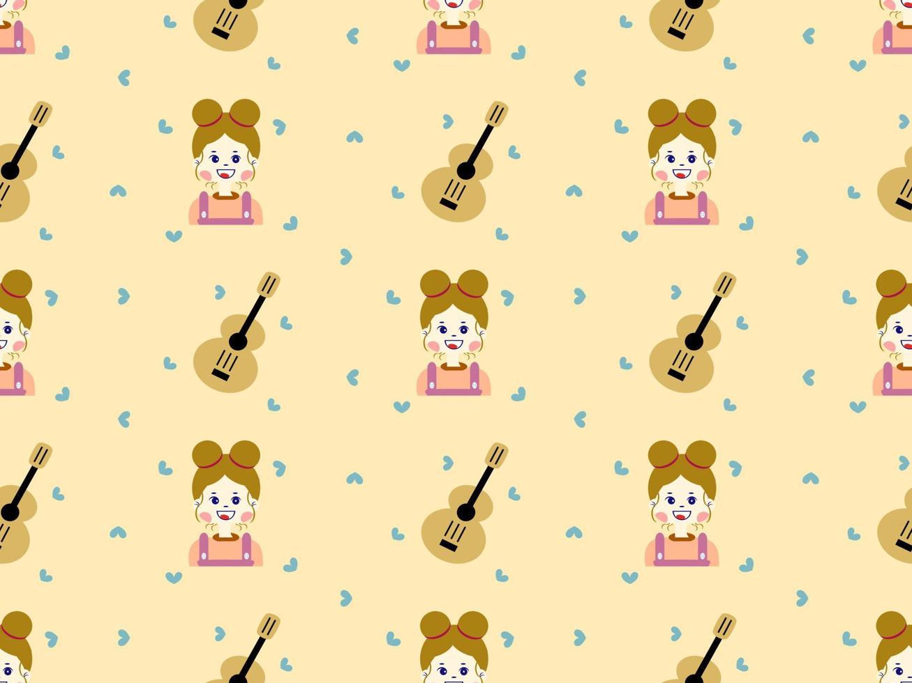 cartoon character girl and guitar seamless pattern on yellow background vector