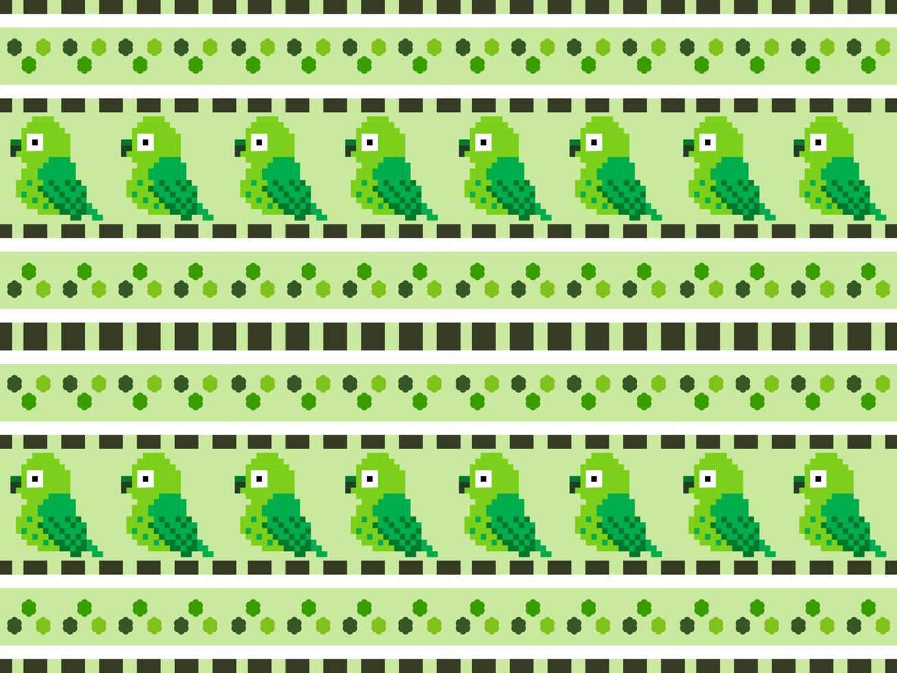 Pixel style green parrot cartoon character on green background. vector