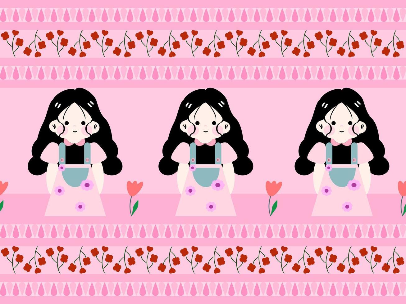 girl and flower cartoon character seamless pattern on pink background vector