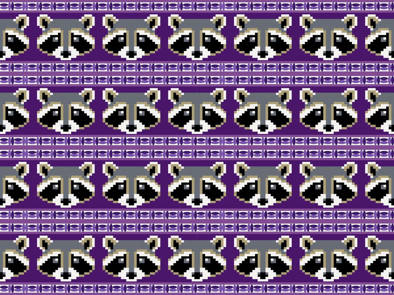 Raccoon cartoon character seamless pattern on purple background. Pixel style vector