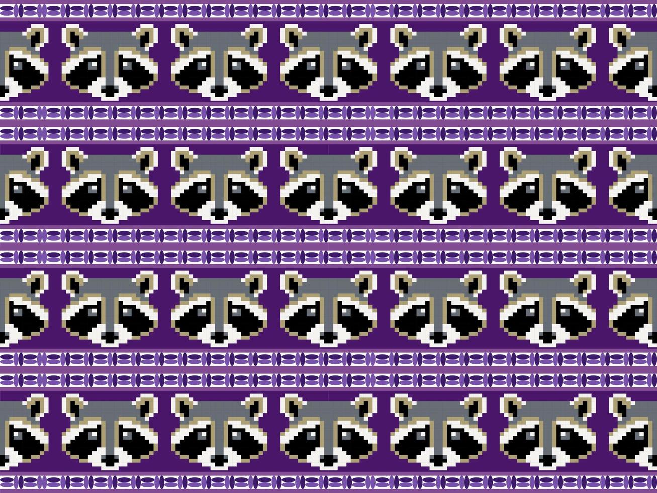 Raccoon cartoon character seamless pattern on purple background. Pixel style vector