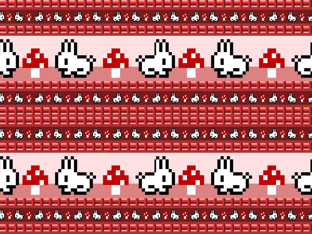 Rabbit cartoon character seamless pattern on red background. Pixel style vector