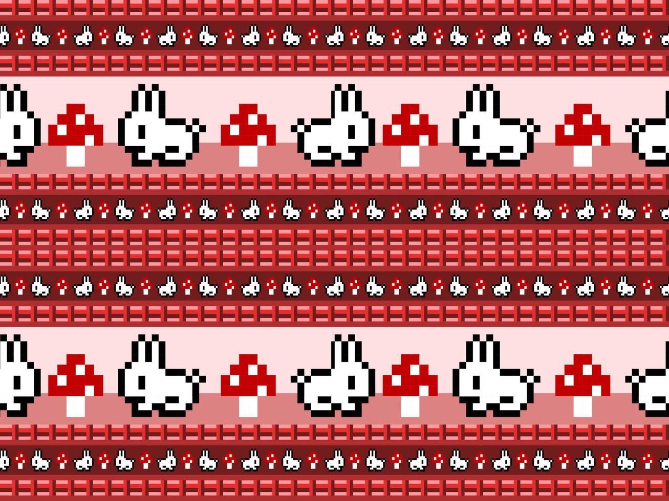 Rabbit cartoon character seamless pattern on red background. Pixel style vector