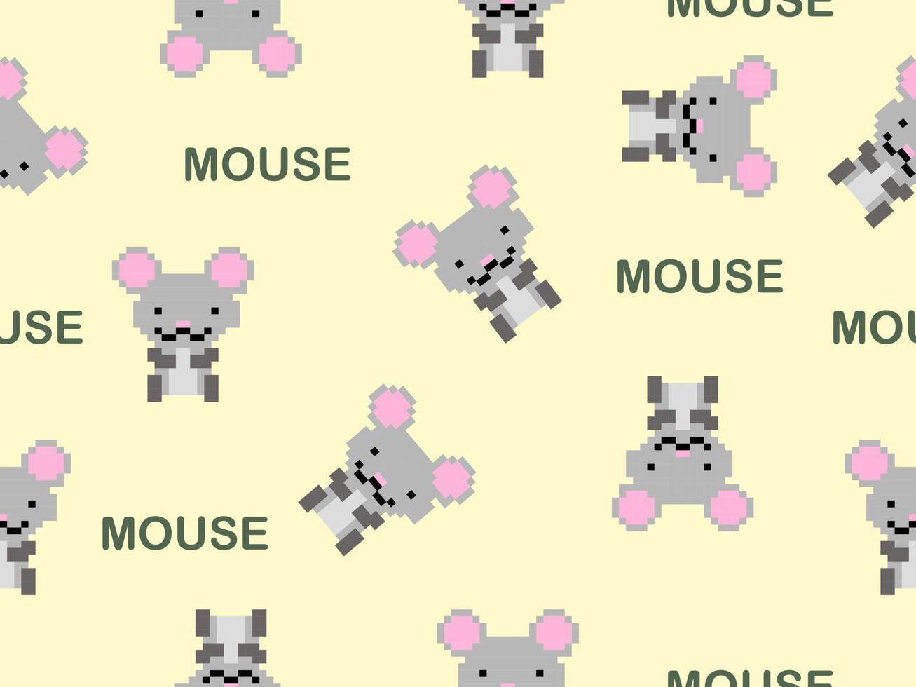 Mouse cartoon character seamless pattern on yellow background.Pixel style vector