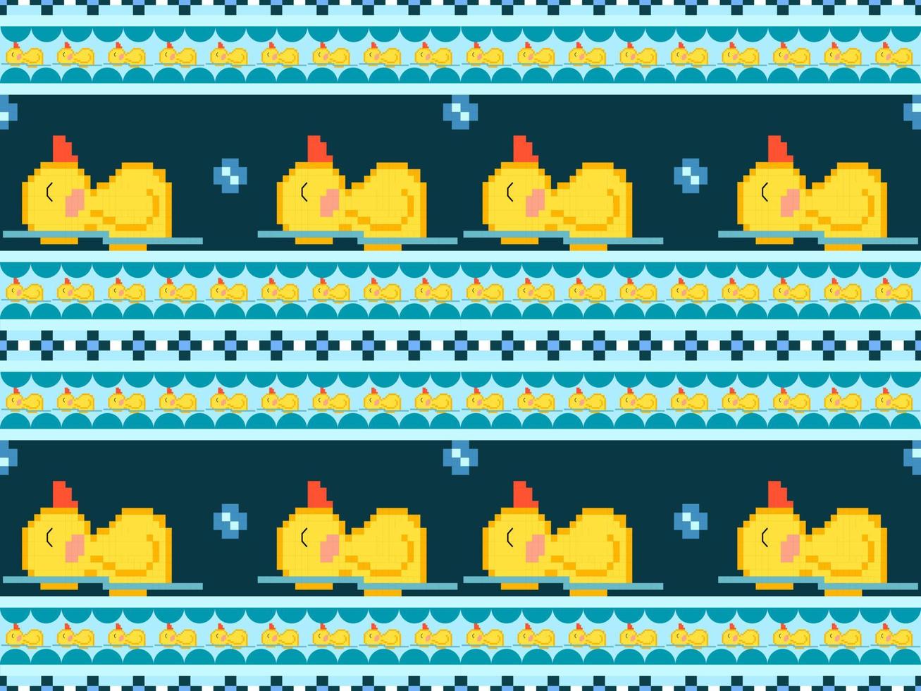 Duck cartoon character seamless pattern on blue background.Pixel style vector