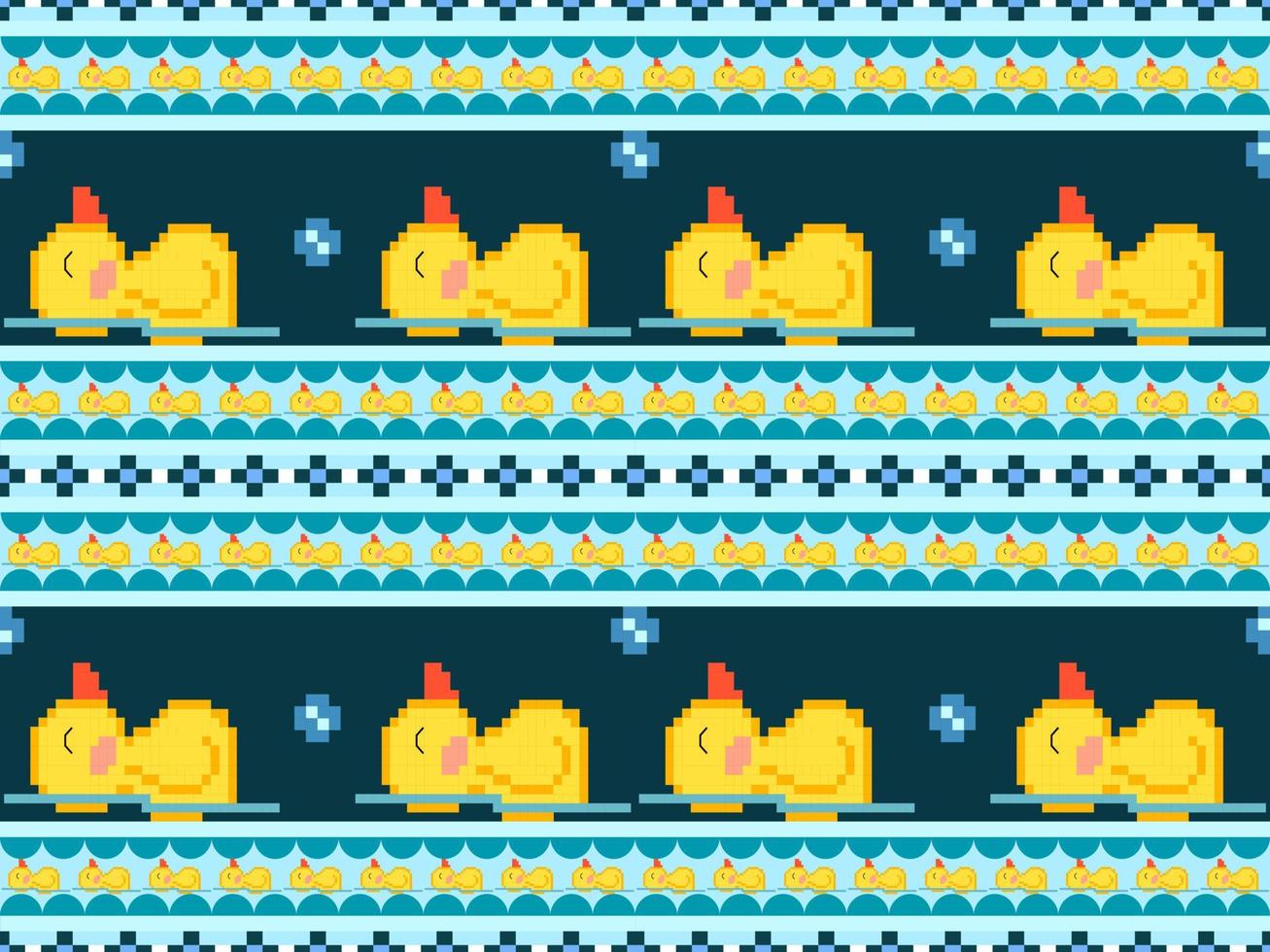 Duck cartoon character seamless pattern on blue background.Pixel style vector