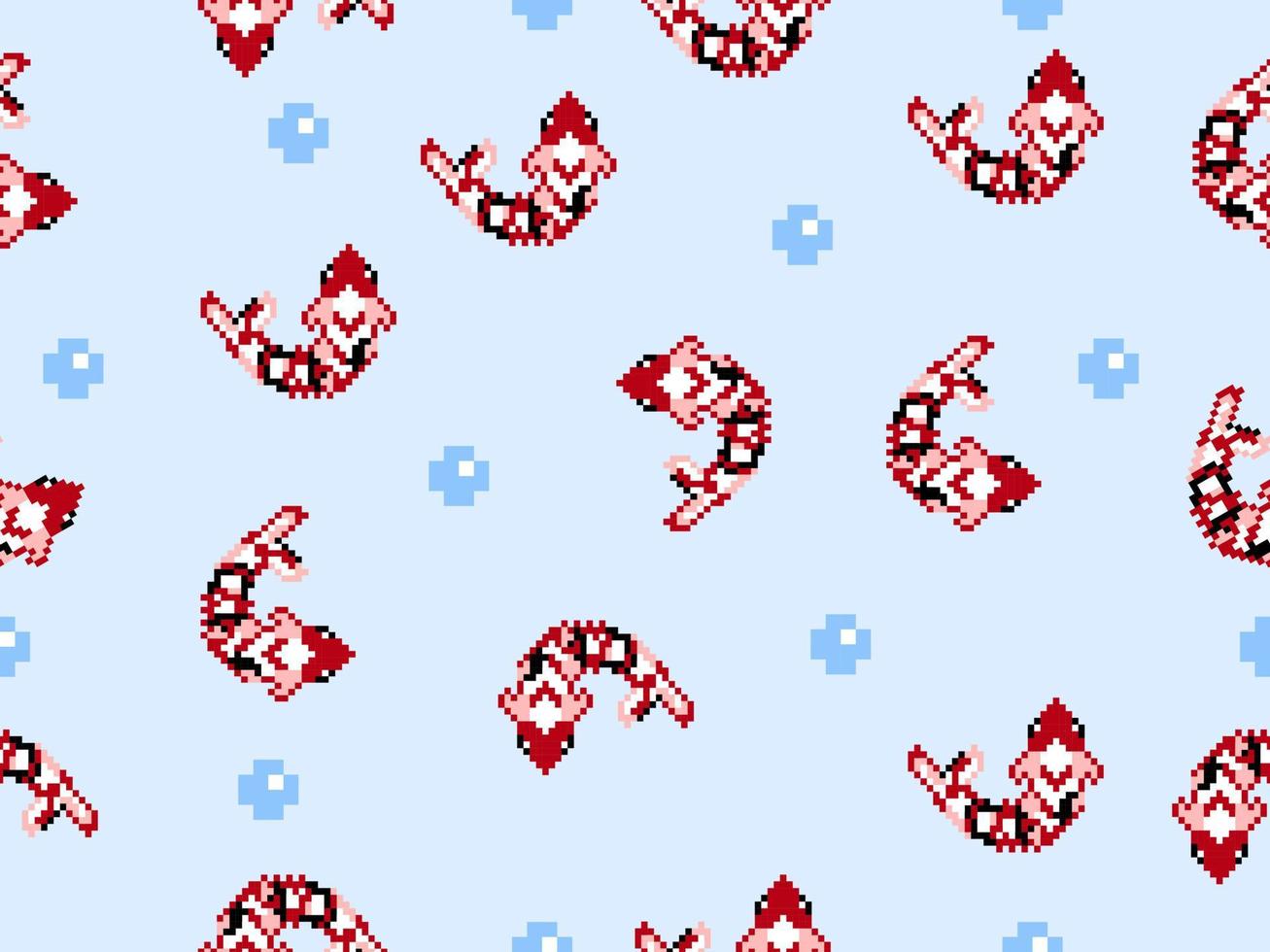 Fish cartoon character seamless pattern on blue background.Pixel style vector