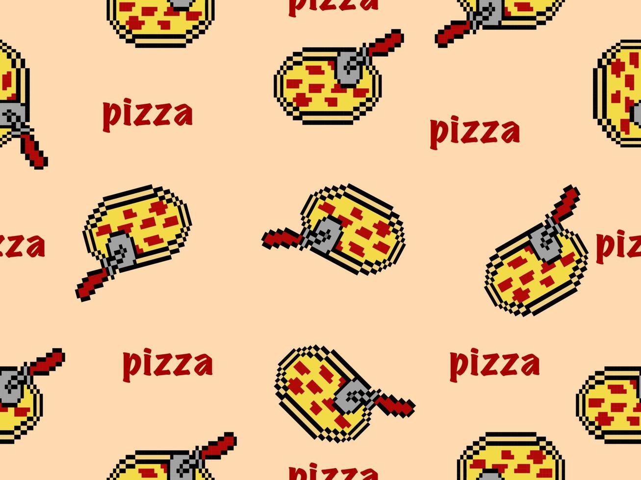 Pizza cartoon character seamless pattern on orange background.Pixel style vector