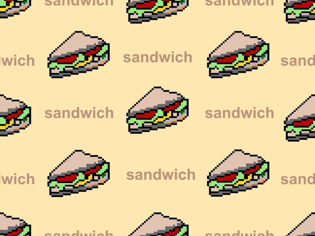 Sandwich cartoon character seamless pattern on orange background.Pixel style vector